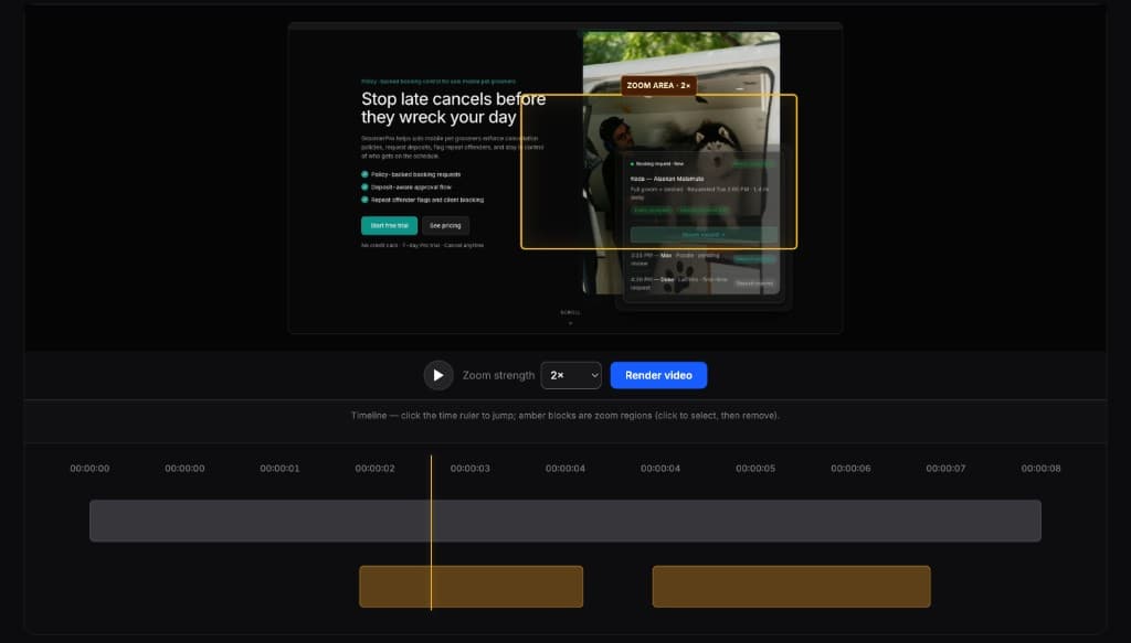 FrameFocus editor showing click-to-zoom-in: an amber zoom frame over the preview with zoom strength set to 2x and a timeline below.