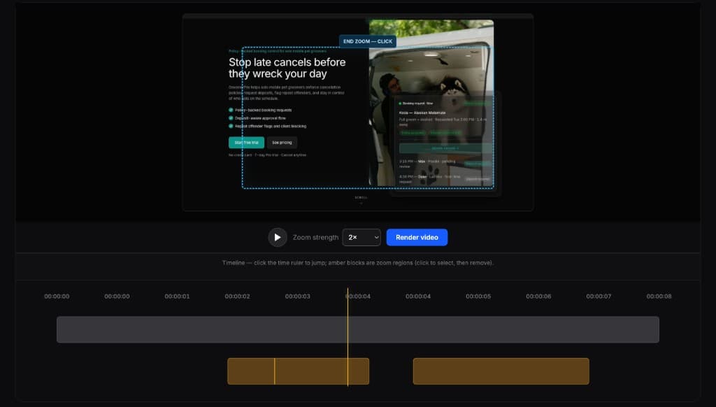 FrameFocus editor showing end zoom: dashed marker on the preview to finish the zoom moment, with zoom regions on the timeline.